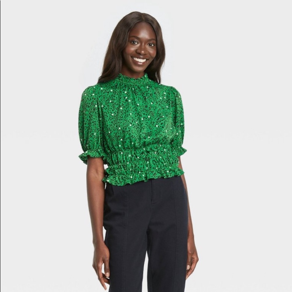 Who What Wear Ruffle Elbow Sleeve Polka Dot Blouse